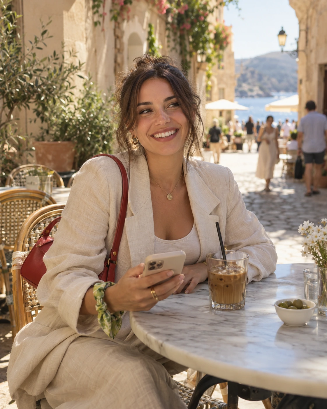 Illustrative lifestyle photo of an adult creator at a sunny café